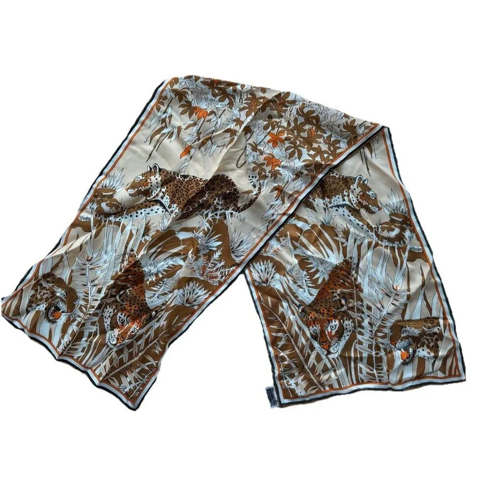 BURMEL Leopard Animal Print Silk Rayon Blend Scarf Brown Orange 60s 70s Vintage